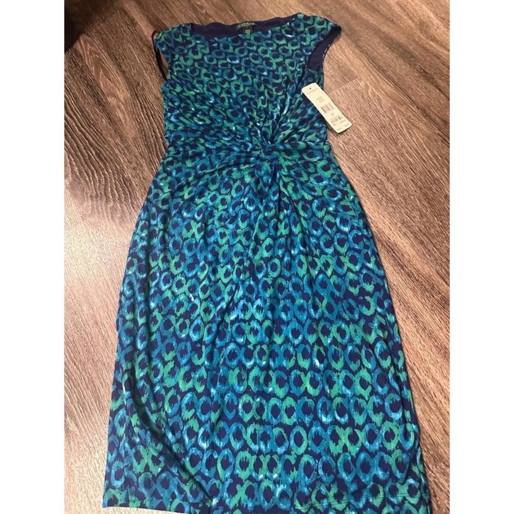 Lauren Ralph Lauren Blue Green Geometric Print Twist Front Knee Length  Size 4